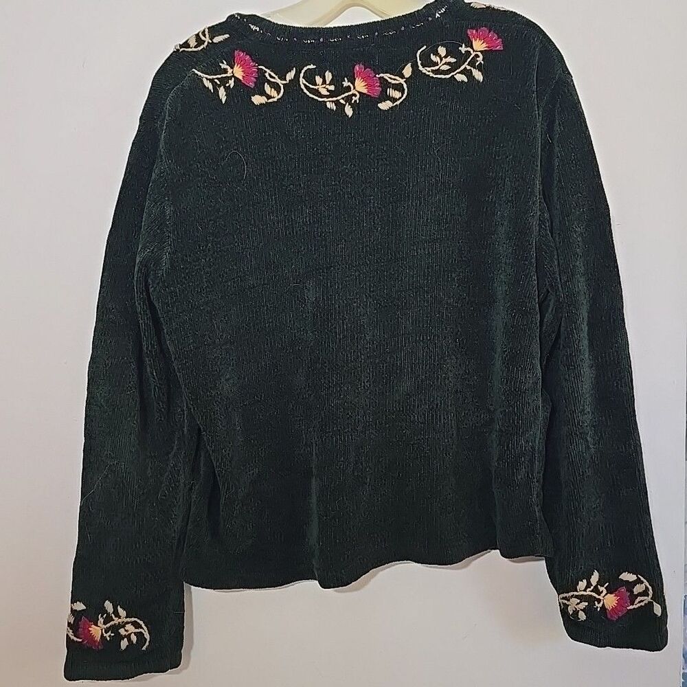 Vintage Fall Cardigan Sweater L Green Chenille Embroidered Zip Christopher Banks - Picture 3 of 9
